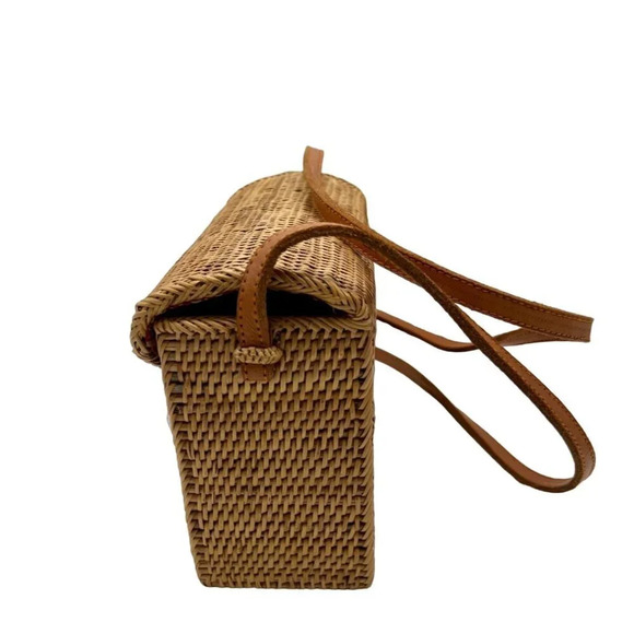 Straw Wood Hard Frame Rattan Shoulder Bag - Picture 7 of 8